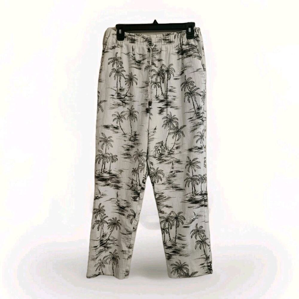 Alfred Dunner Tropical Palm Tree Pants Sz 8 White Textured Elastic Waist Pockets